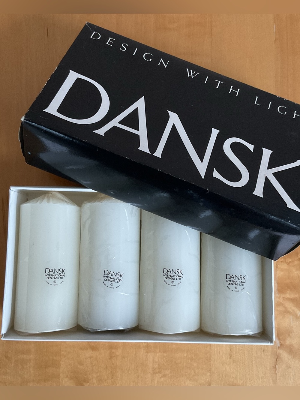 Vintage Dansk Design With Light Candles Set 4 NOS White Pillars Boxed
